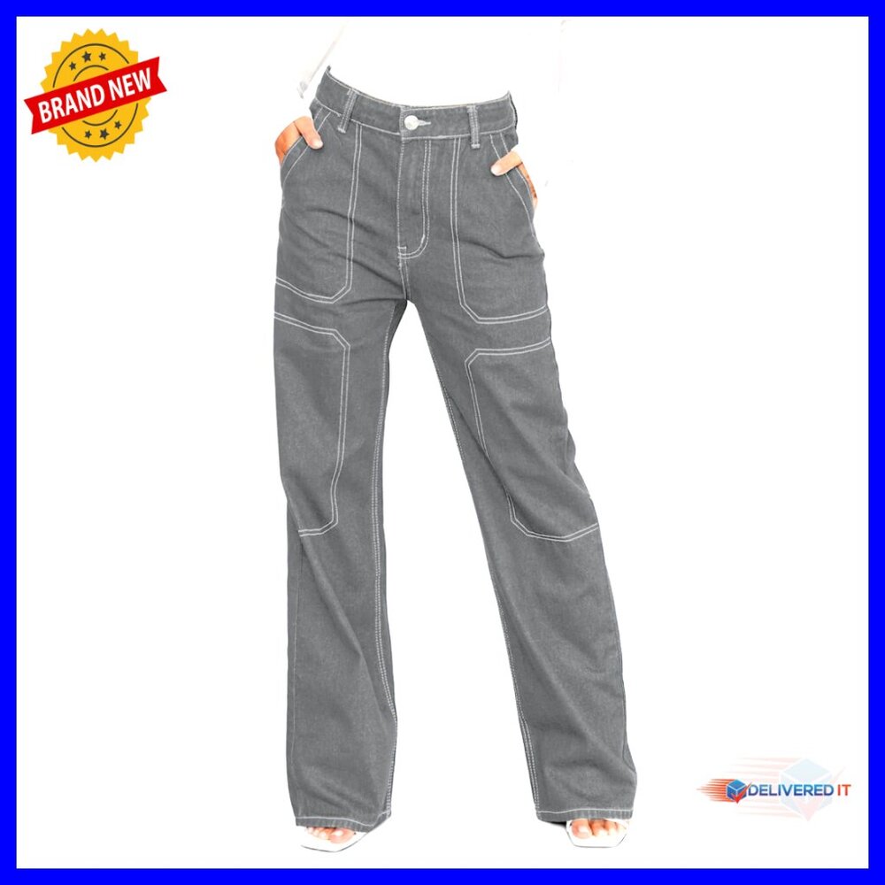 Casual Mid Waist Cargo Jeans Stretch Button Wide Leg Denim Pants With Pockets